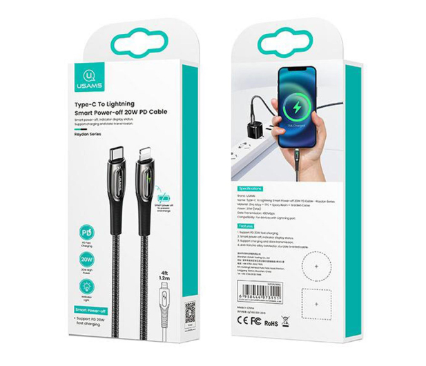 USAMS Kabel pleciony C/Lightning Smart Power-off 20W 1,2m czarny - 1568998 - zdjęcie 10
